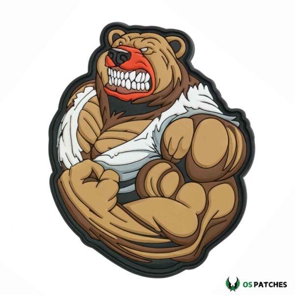 Aggressive bear patch with muscular body cartoon style strong animal design