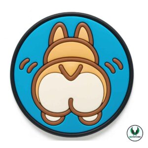 Funny corgi butt PVC patch design with blue background and black border