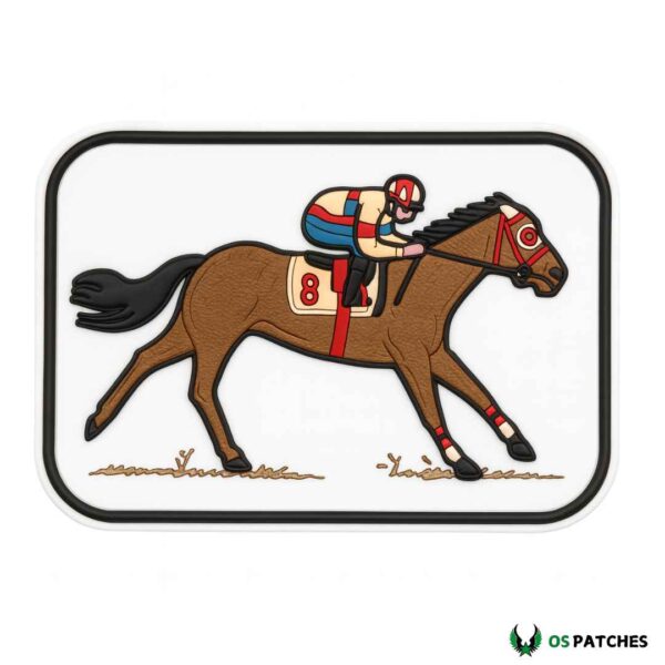 Horse racing patch with jockey riding brown racehorse number eight detailed design