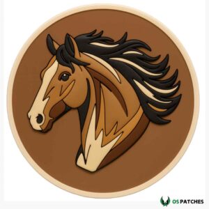 Brown horse head patch with flowing mane round design detailed equestrian style