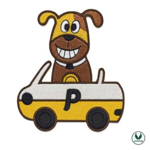 Cartoon embroidered patch with smiling dog driving yellow and white car design
