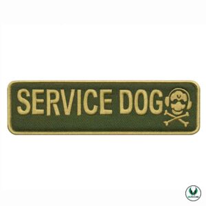 Green embroidered patch with yellow text SERVICE DOG and skull design