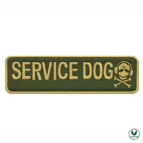 Green embroidered patch with yellow text SERVICE DOG and skull design