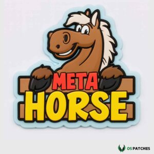 Meta horse patch with smiling cartoon horse and bold colorful text design