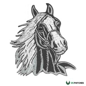 Black and white embroidered horse head patch with flowing mane detailed design