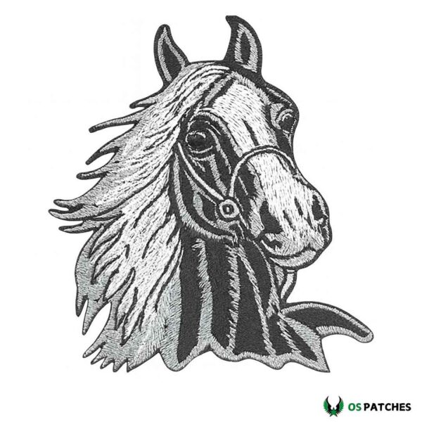 Black and white embroidered horse head patch with flowing mane detailed design
