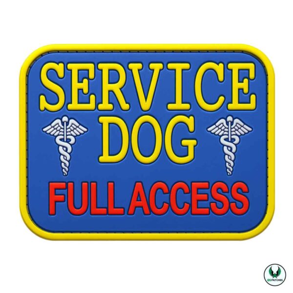 Service dog PVC patch with blue background yellow border and full access text