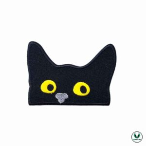Black cat head embroidered patch with yellow eyes and gray nose