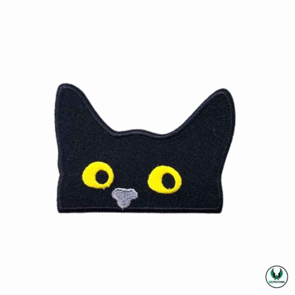 Black cat head embroidered patch with yellow eyes and gray nose