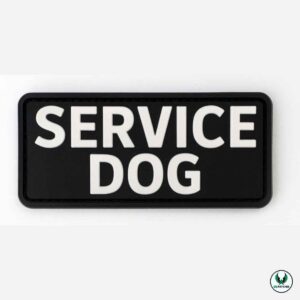 Black PVC patch with white text SERVICE DOG