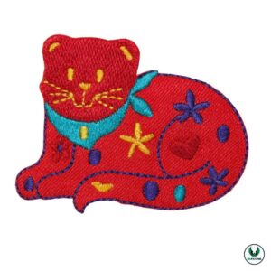 Red embroidered cat patch with colorful flowers, heart, and teal scarf
