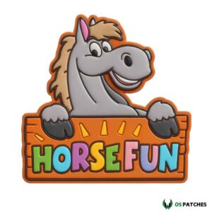 Horse fun patch with smiling cartoon horse and colorful text playful design