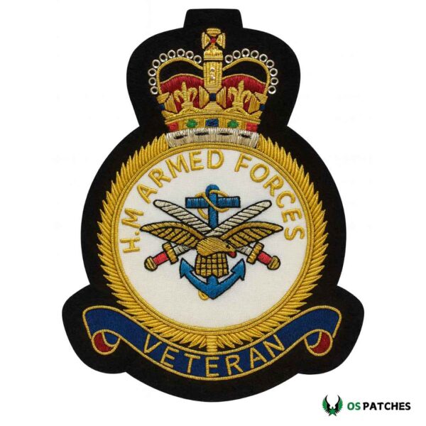 Embroidered HM Armed Forces Veteran patch featuring crown and military insignia