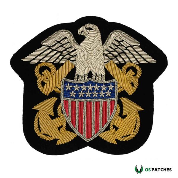 Bullion embroidered U.S. Navy patch featuring eagle, crossed anchors, and shield emblem