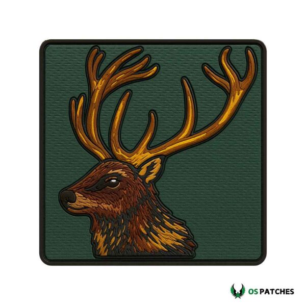 PVC stag deer patch with large golden antlers and detailed brown design