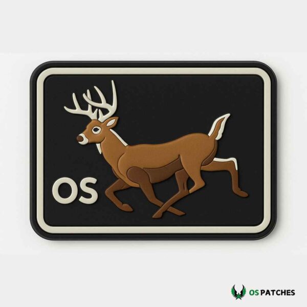 PVC running deer patch with antlers on black background and OS text
