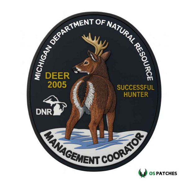 Michigan deer PVC patch with hunter design and Department of Natural Resource