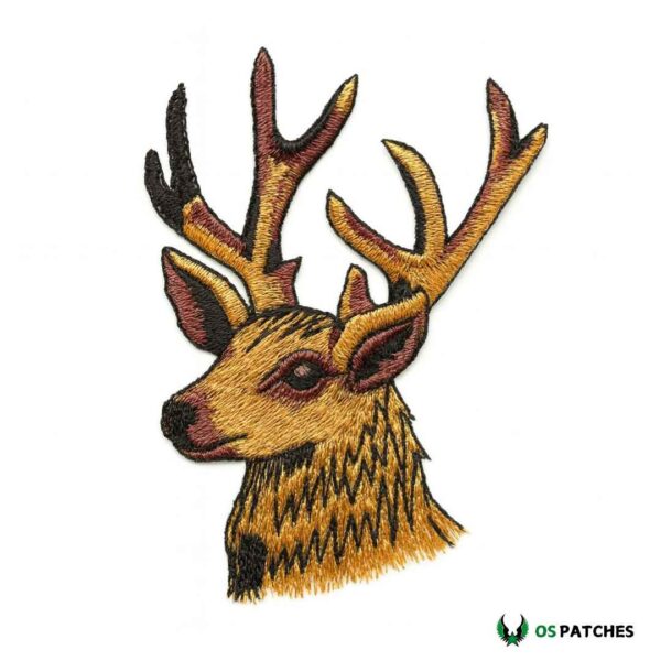 Embroidered stag deer patch with large antlers and golden brown stitching