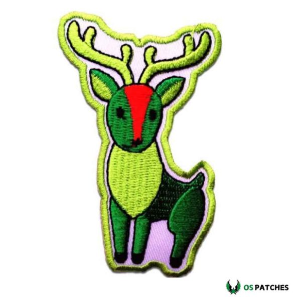 Embroidered green deer patch with red face and purple background design