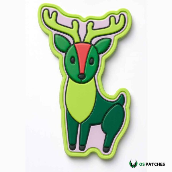Green PVC deer patch with antlers, bright colors, and Velcro backing