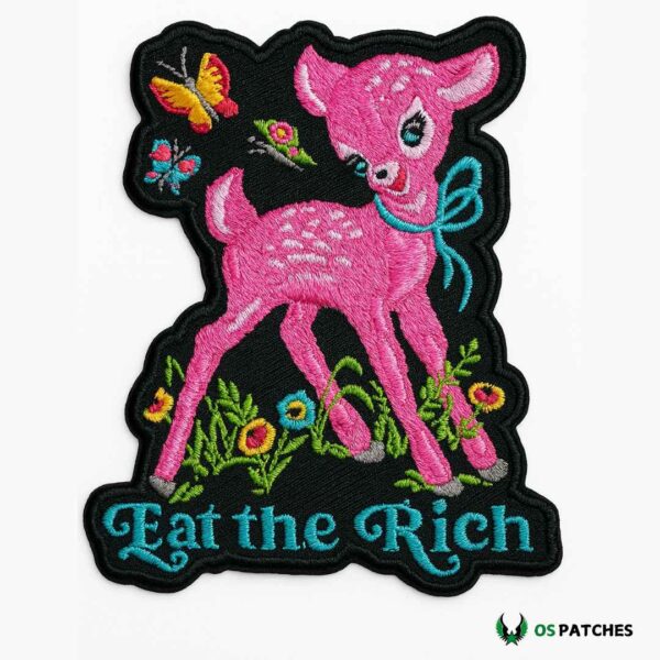 Pink deer embroidered patch with butterflies flowers and Eat the Rich text