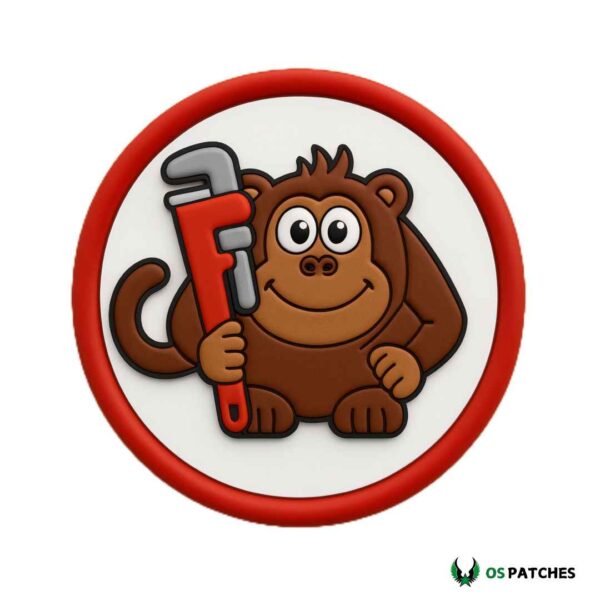 PVC monkey patch holding big red wrench cartoon style round design