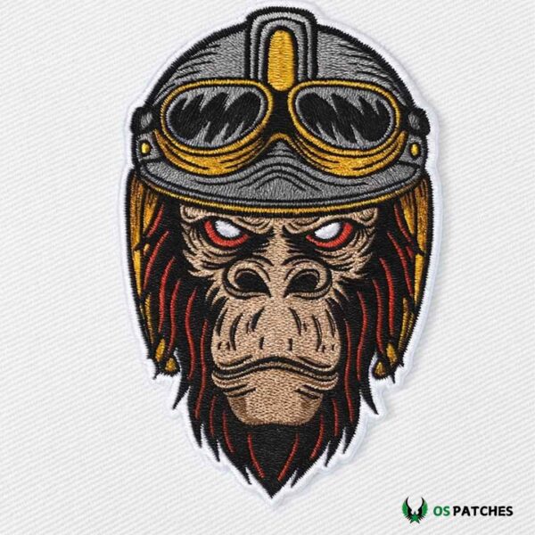 Embroidered gorilla patch with helmet and goggles biker style aggressive design