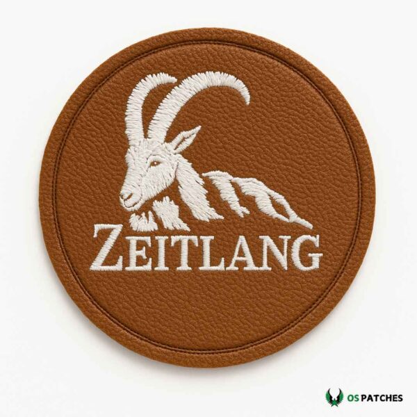 Round brown leather patch with embroidered white goat and ZEITLANG text.