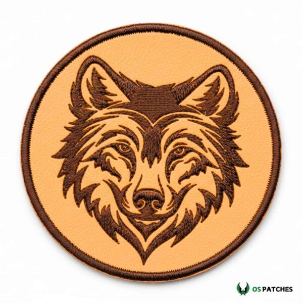 Round tan leather embroidered patch with detailed wolf head design in dark brown.