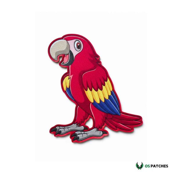 Printed leather patch with red parrot featuring yellow and blue wings