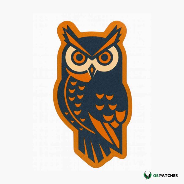 Printed leather patch with stylized owl design in orange and dark blue