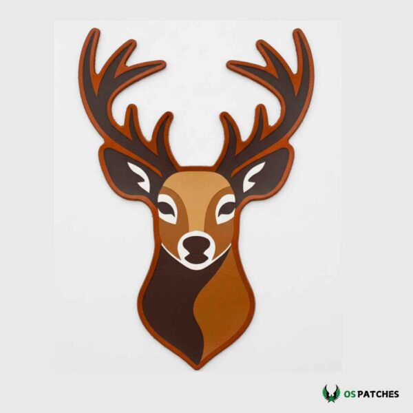 Printed leather patch with deer head and large antlers in brown tones