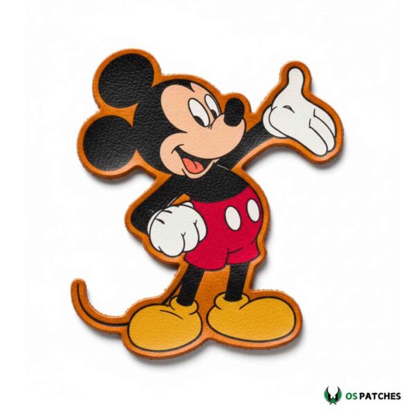 Printed leather patch of classic cartoon mouse character with red shorts and yellow shoes