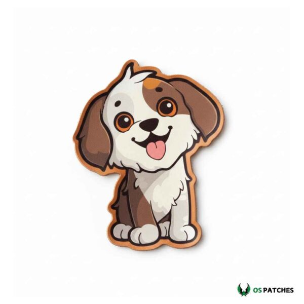 Printed leather patch with cute cartoon puppy design in brown and white colors