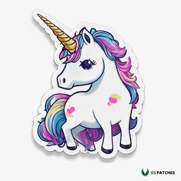 Printed leather patch with colorful unicorn design on white background