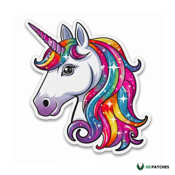 Printed leather patch with unicorn head and rainbow glitter mane