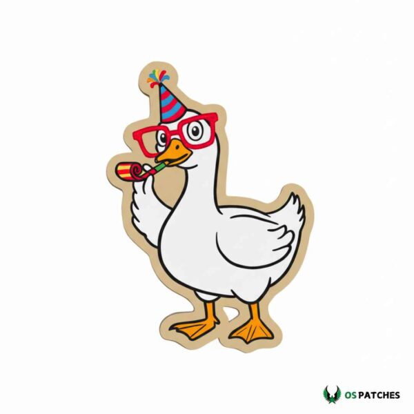 Printed leather patch with funny goose wearing party hat and glasses