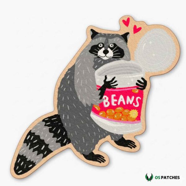 Printed leather patch with raccoon holding a beans can design