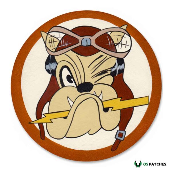 Printed leather patch with bulldog wearing aviator goggles holding lightning bolt