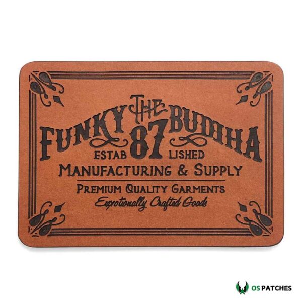 Rectangular brown leather patch engraved with Funky Buddha 87 Manufacturing & Supply design