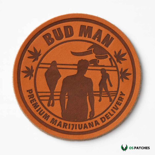 Round brown leather patch engraved with Bud Man logo and marijuana delivery theme