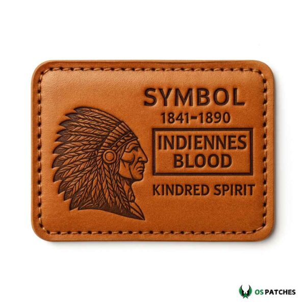 Brown rectangular leather patch engraved with Native American head and text Symbol 1841–1890 Indiennes Blood Kindred Spirit