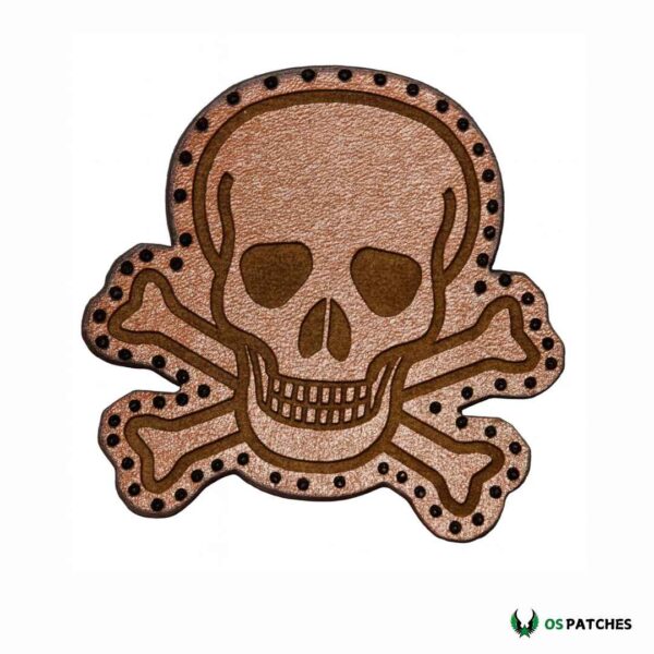 Skull and crossbones engraved leather patch with dotted border design
