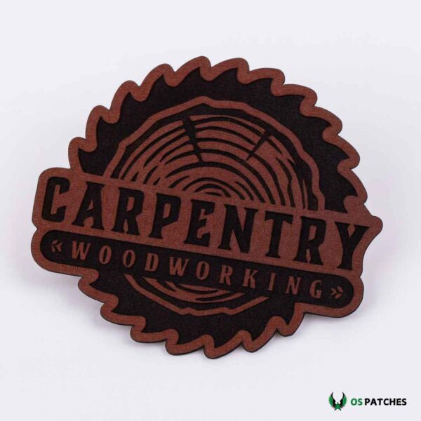 Carpentry woodworking engraved leather patch in saw blade shape