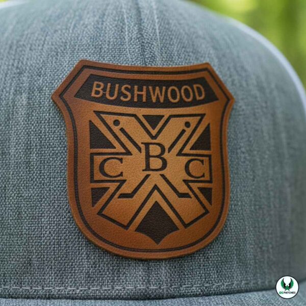 Gray cap with custom shield-shaped leather patch logo