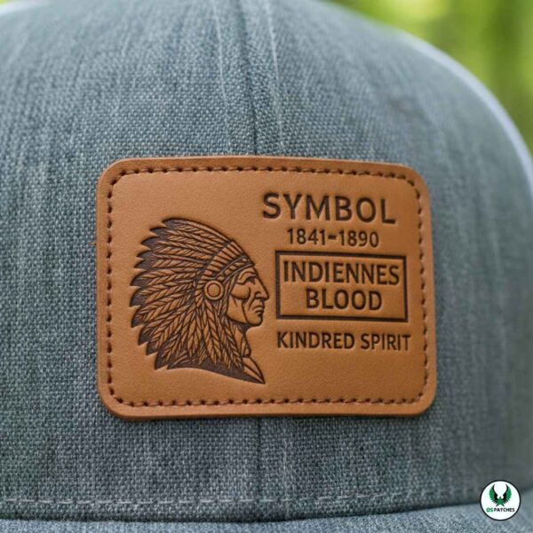 Gray hat with engraved rectangular leather patch featuring Native design