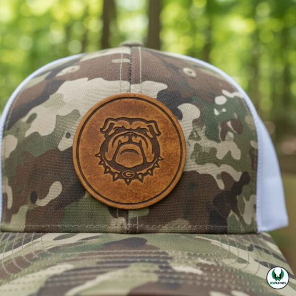 Camo hat with round leather patch featuring bulldog logo design