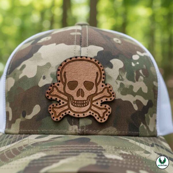 Leather skull patch on camouflage hat front view