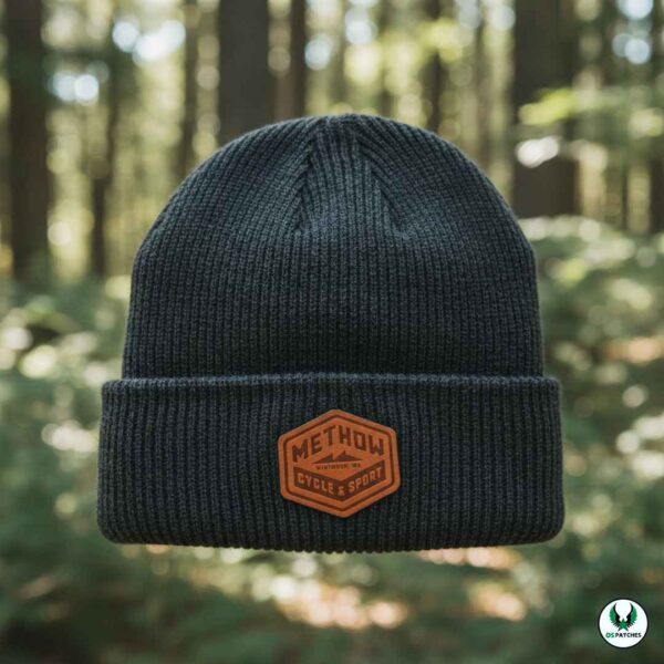 Black knit beanie with brown leather patch logo outdoors