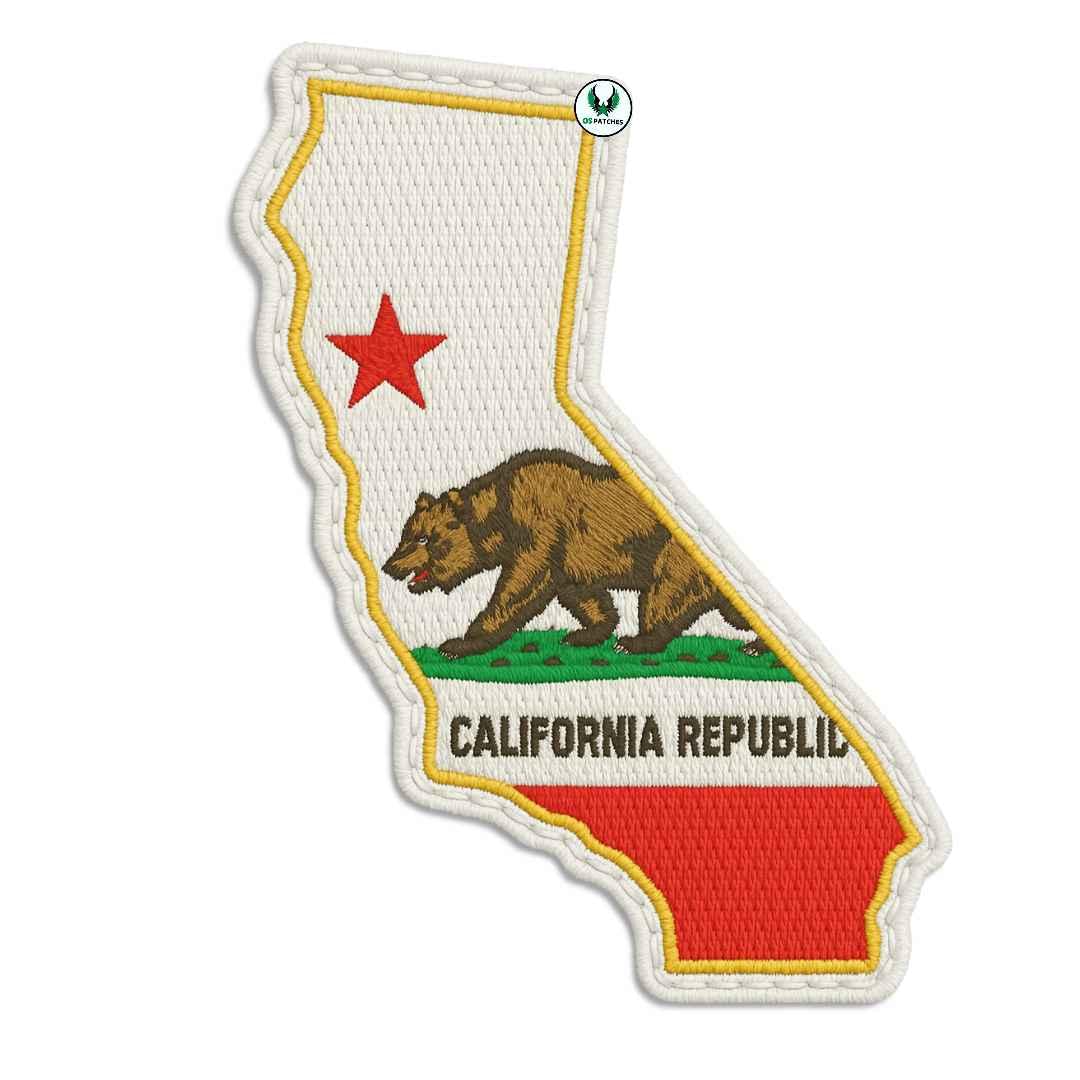 California state flag embroidered patch in state outline shape with bear and red star